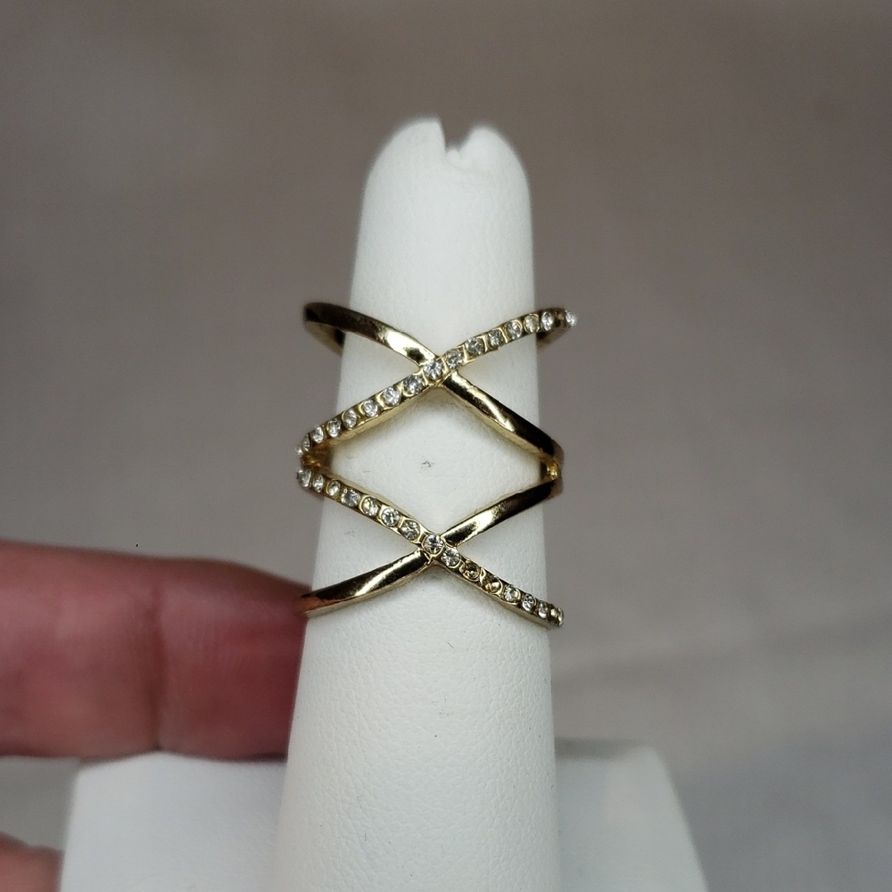Gold and Silver Crossover Ring with Crystals